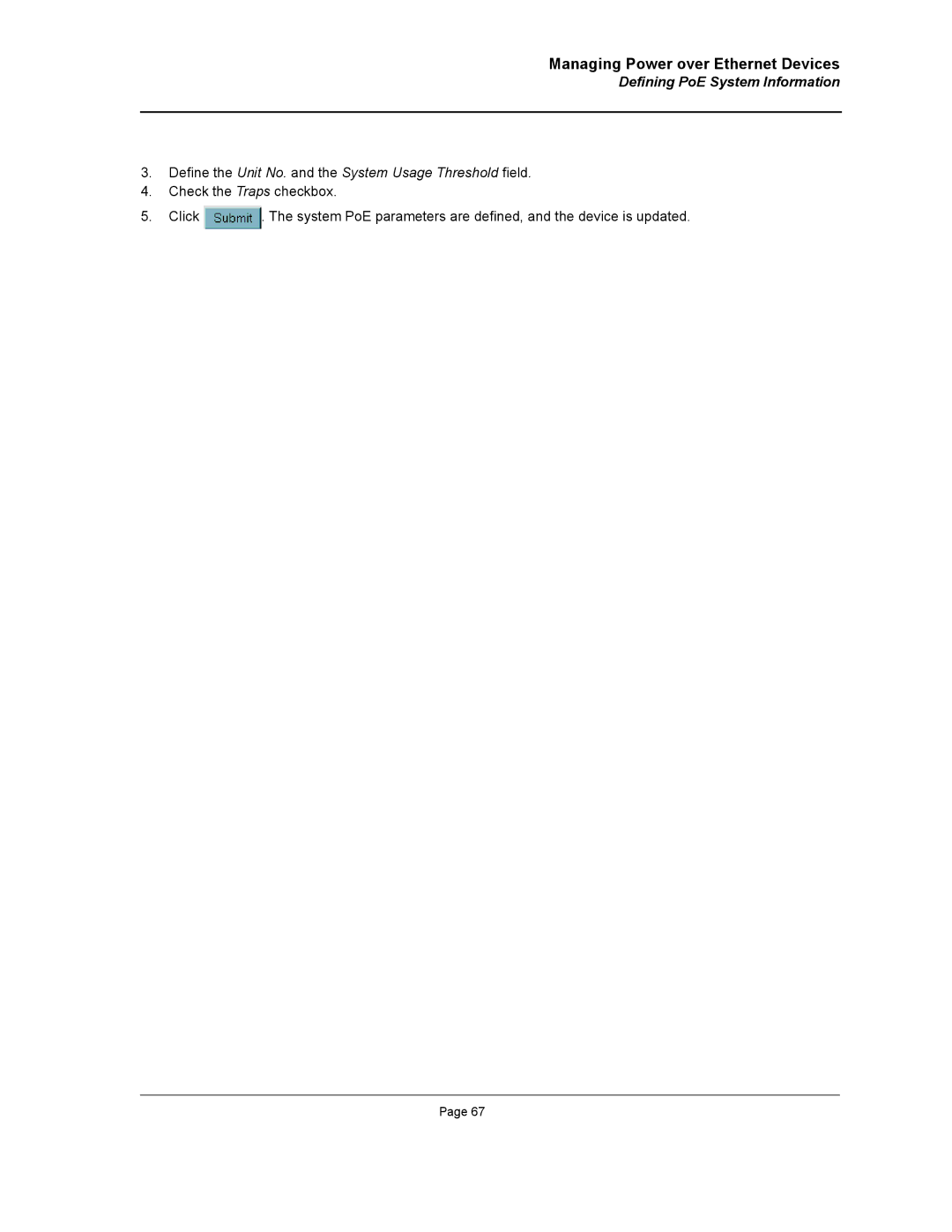 D-Link DWS/DXS-3200 manual Defining PoE System Information, Define the Unit No. and the System Usage Threshold field 