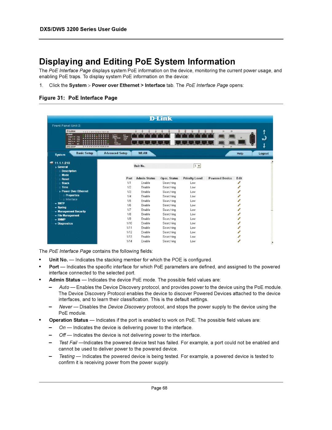 D-Link DWS/DXS-3200 manual Displaying and Editing PoE System Information, PoE Interface 