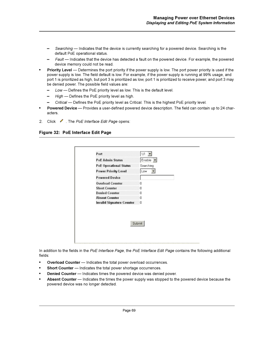 D-Link DWS/DXS-3200 manual Displaying and Editing PoE System Information, Click . The PoE Interface Edit Page opens 