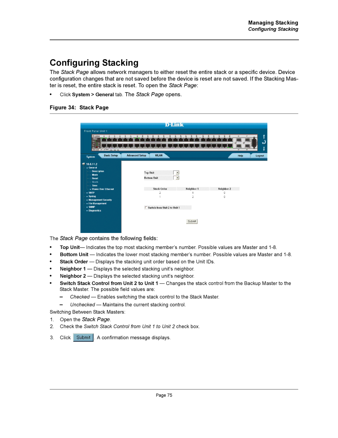 D-Link DWS/DXS-3200 manual Stack Page contains the following fields, Click System General tab. The Stack Page opens 