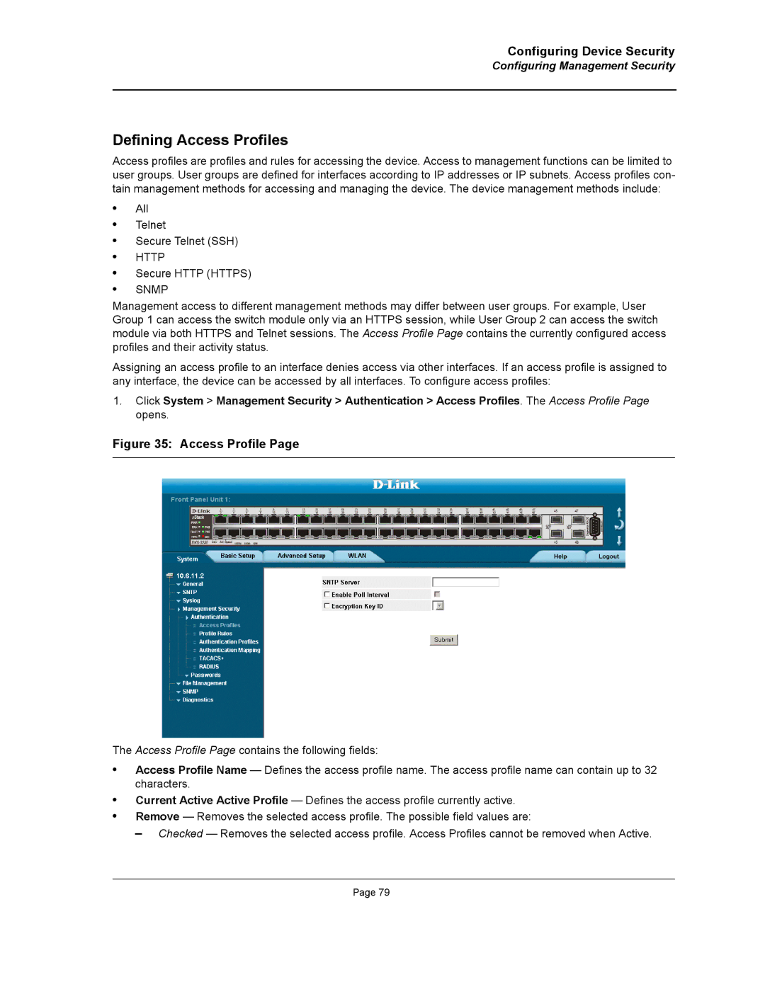 D-Link DWS/DXS-3200 manual Defining Access Profiles, Configuring Management Security 