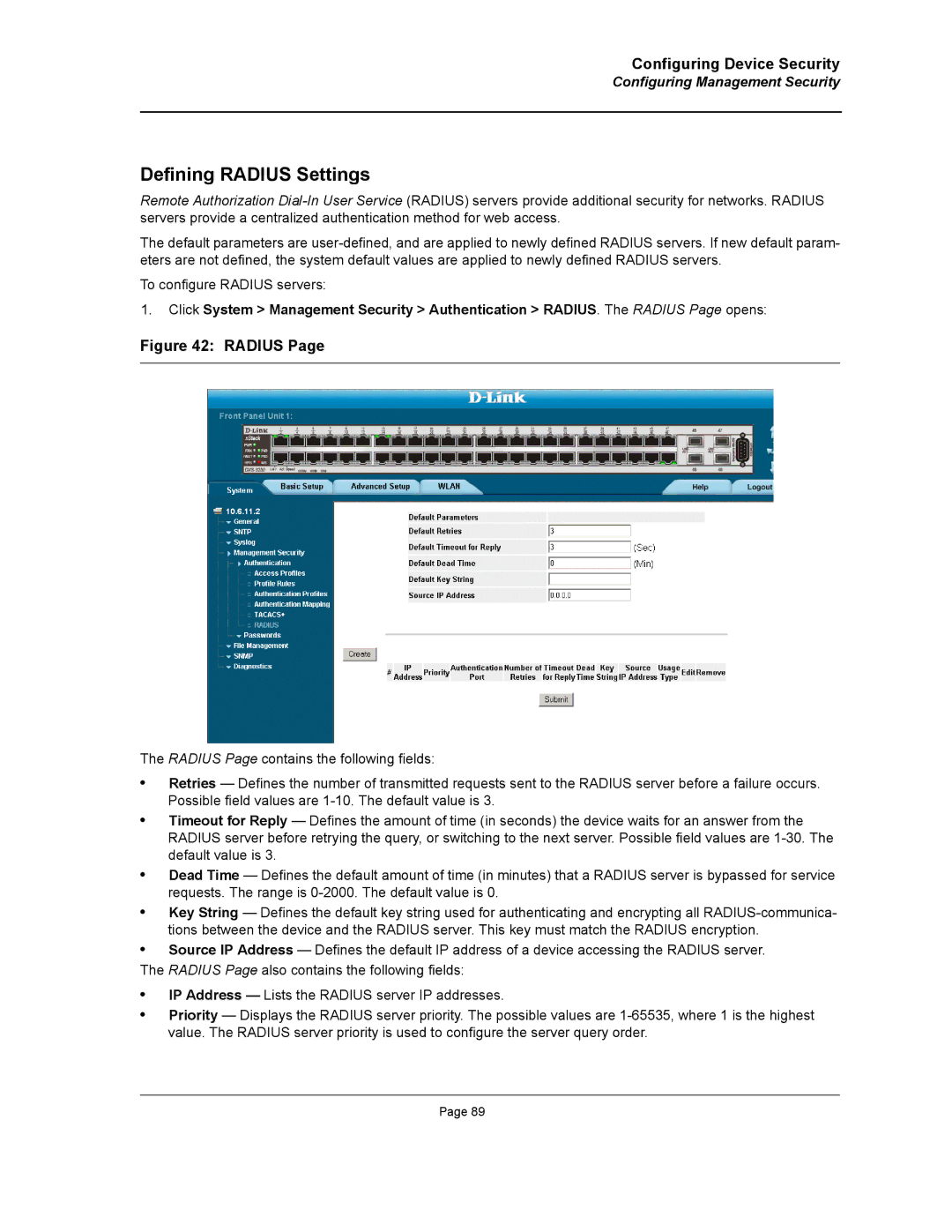 D-Link DWS/DXS-3200 manual Defining Radius Settings 