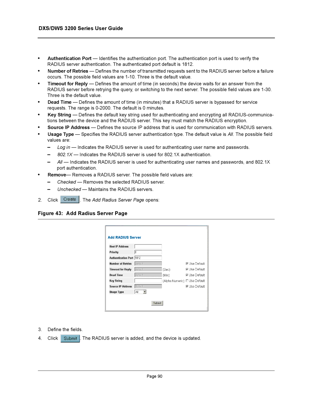 D-Link DWS/DXS-3200 manual Click . The Add Radius Server Page opens 