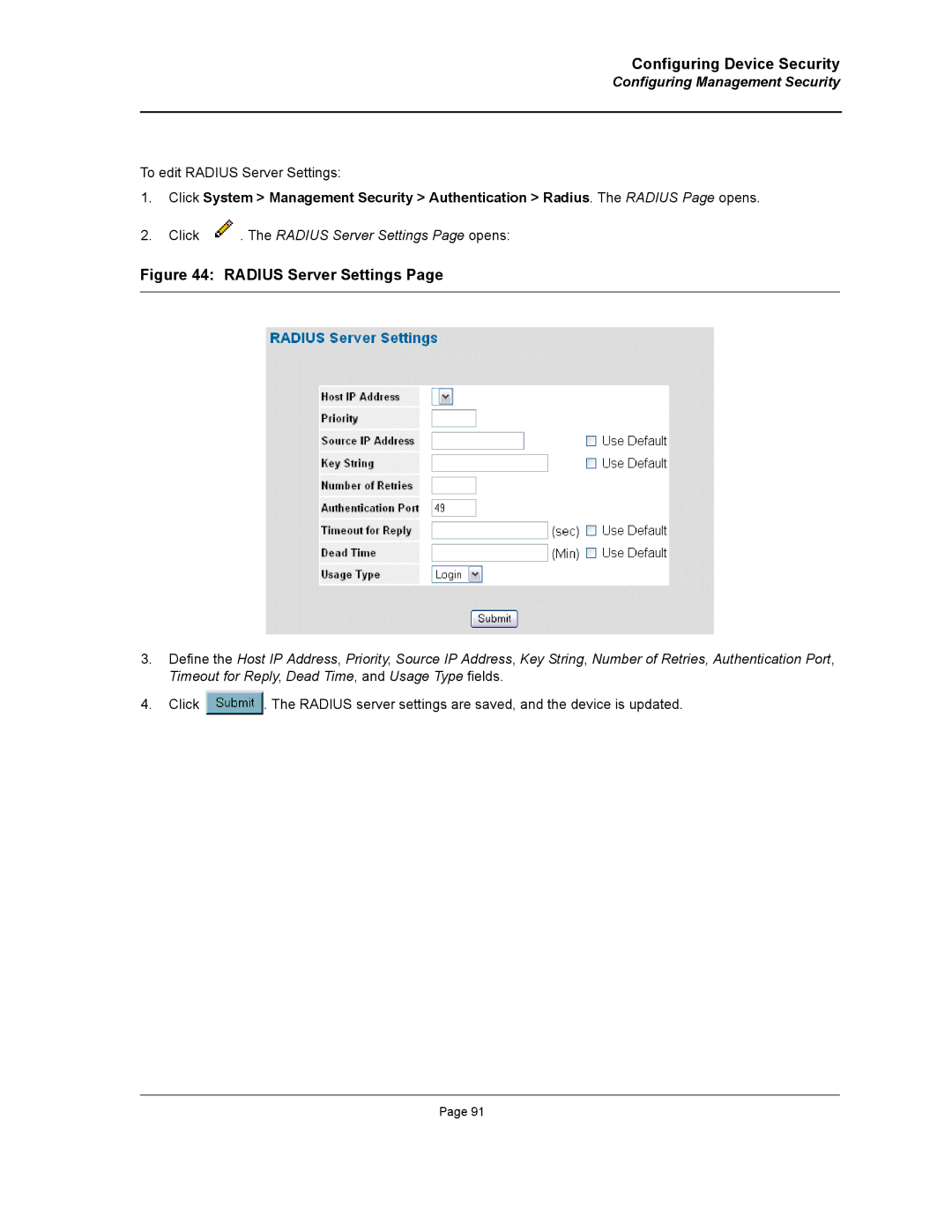 D-Link DWS/DXS-3200 manual Click . The Radius Server Settings Page opens 