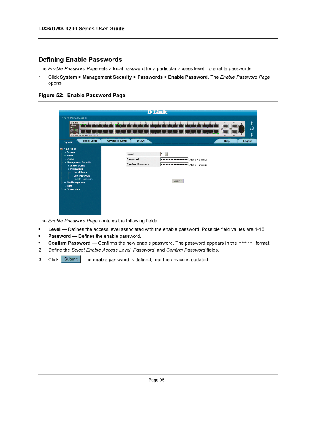 D-Link DWS/DXS-3200 manual Defining Enable Passwords 