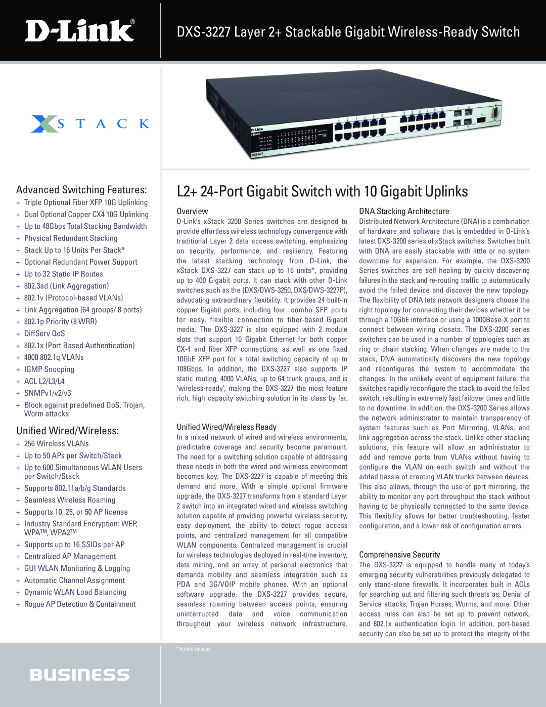 D-Link DXS-3227 manual L2+ 24-Port Gigabit Switch with 10 Gigabit Uplinks, Advanced Switching Features, Overview 
