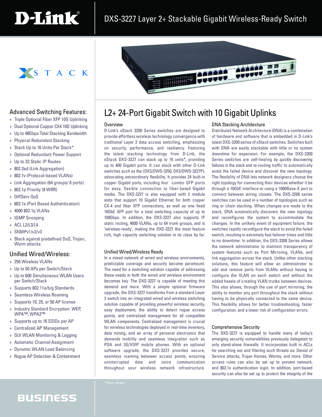 D-Link DXS-3227 manual Advanced Switching Features, Unified Wired/Wireless 