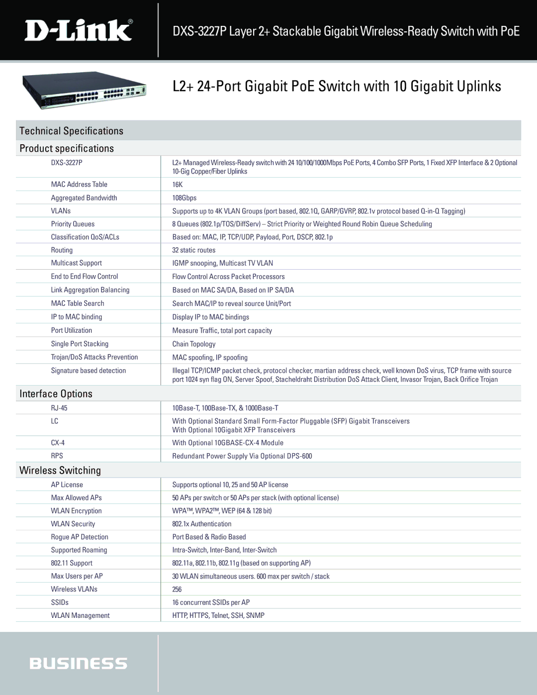 D-Link DXS-3227P manual Wireless Switching, Gig Copper/Fiber Uplinks, RJ-45 CX-4 