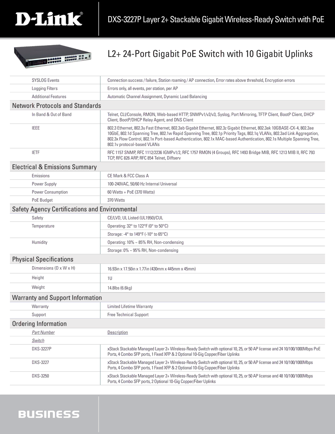 D-Link DXS-3227P manual Network Protocols and Standards, Electrical & Emissions Summary, Physical Specifications 