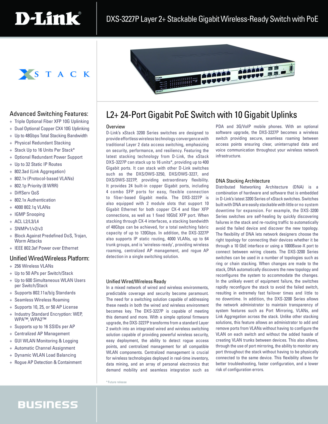 D-Link DXS-3227P manual L2+ 24-Port Gigabit PoE Switch with 10 Gigabit Uplinks, Advanced Switching Features 