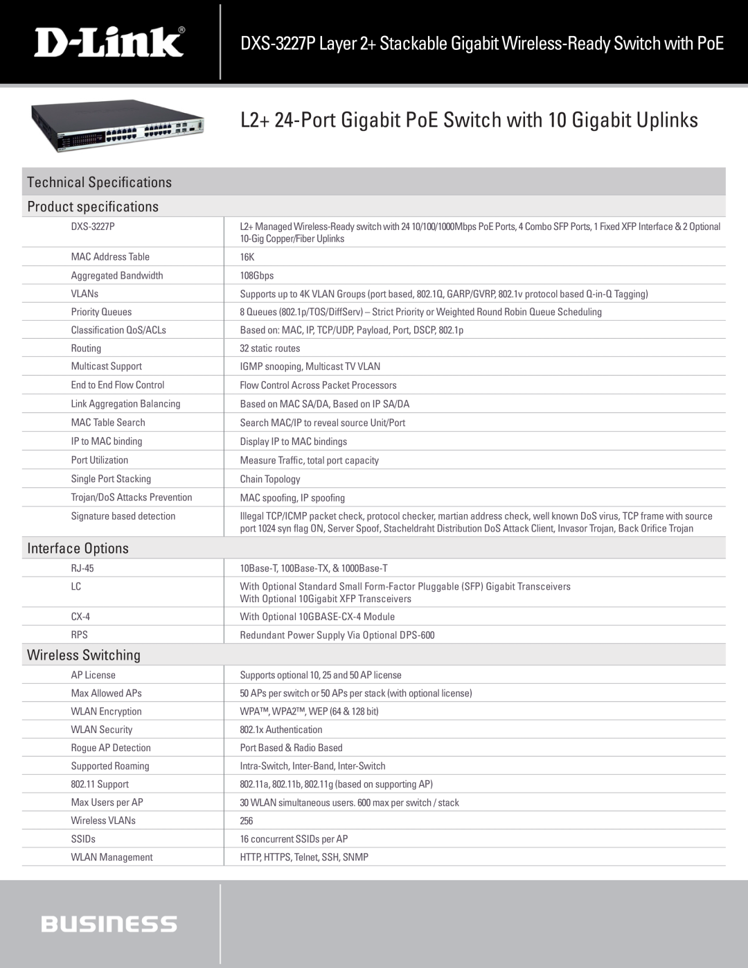 D-Link DXS-3227P L2+ 24-Port Gigabit PoE Switch with 10 Gigabit Uplinks, Wireless Switching, Technical Specifications 