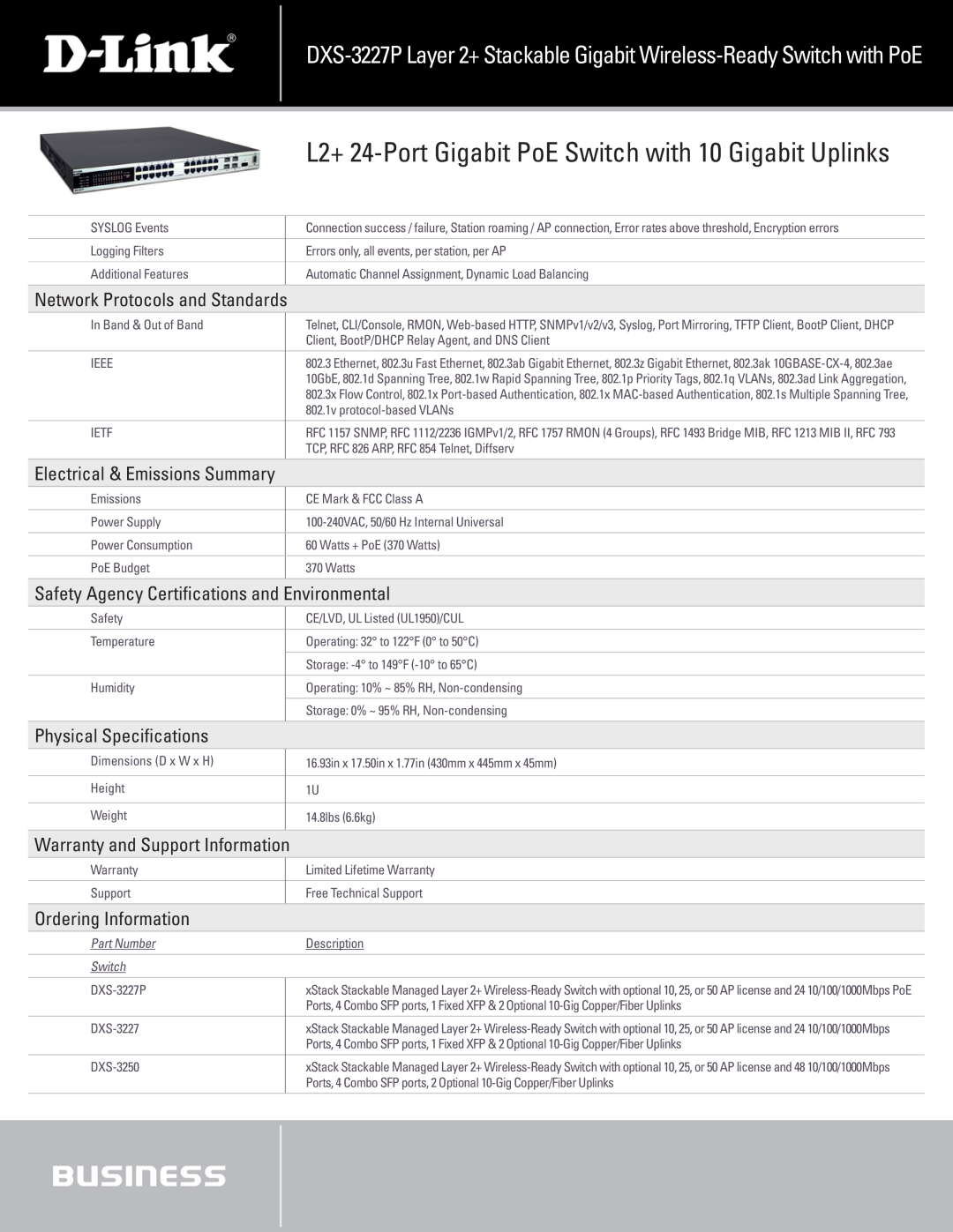 D-Link DXS-3227P Network Protocols and Standards, Electrical & Emissions Summary, Physical Specifications, Part Number 
