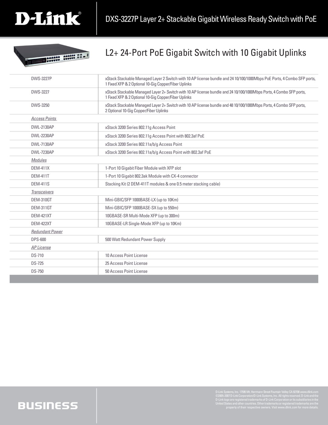D-Link DXS-3227P L2+ 24-Port PoE Gigabit Switch with 10 Gigabit Uplinks, Access Points, Modules, Transceivers, AP License 