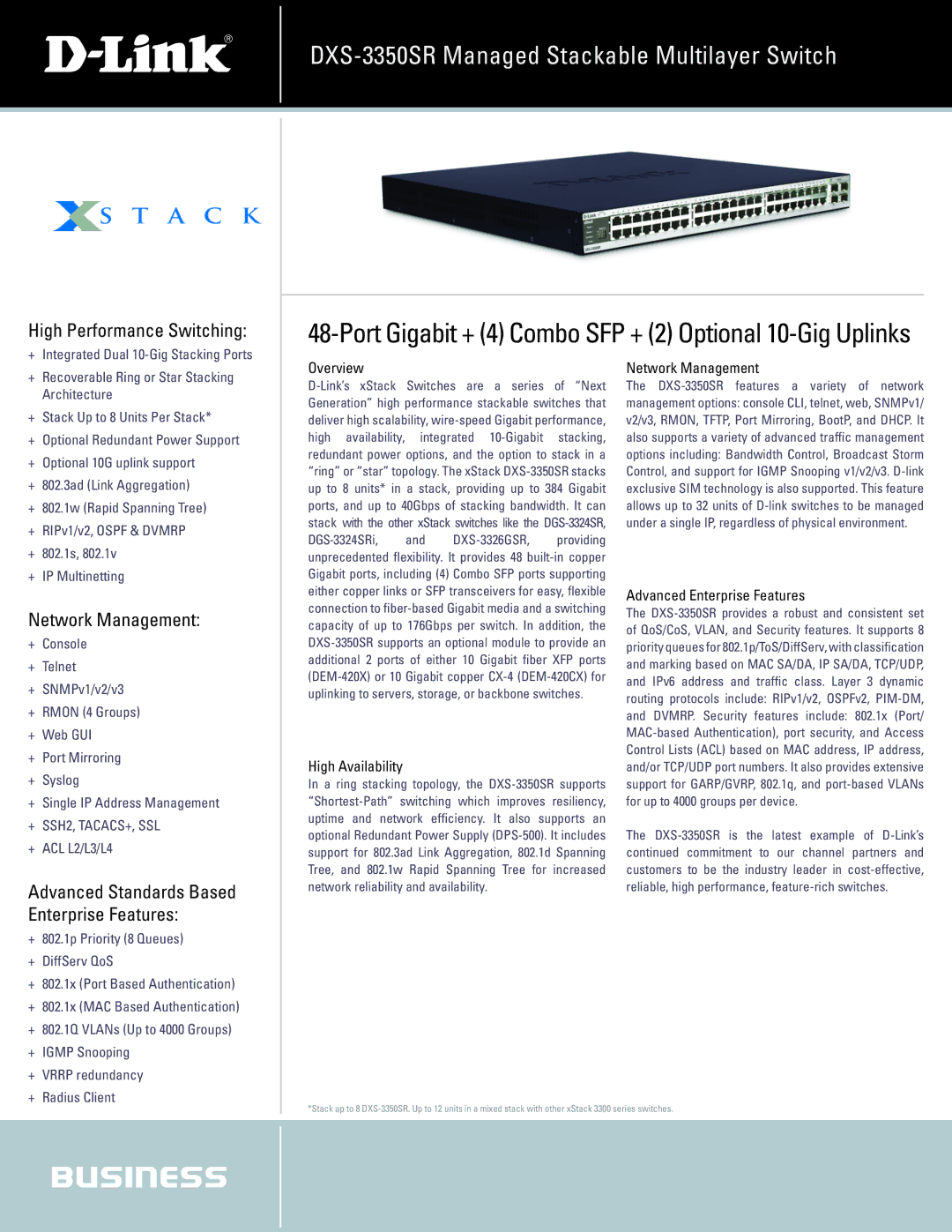 D-Link DXS-3350SR manual High Performance Switching, Network Management 