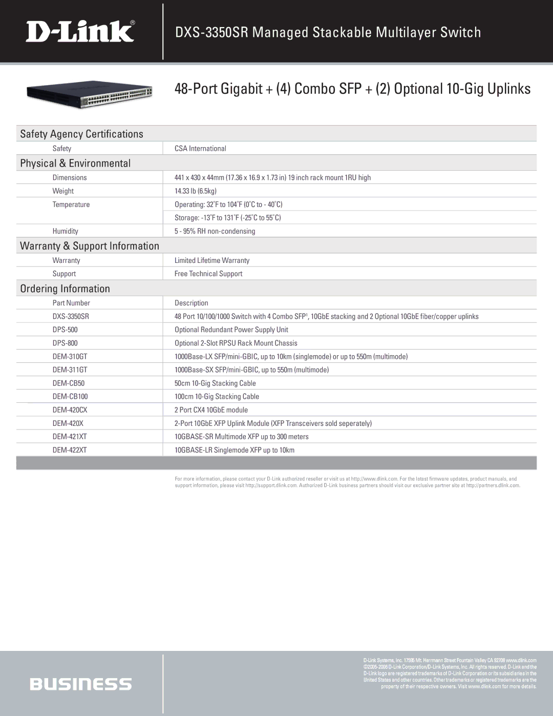 D-Link DXS-3350SR manual Safety Agency Certifications, Physical & Environmental, Ordering Information 