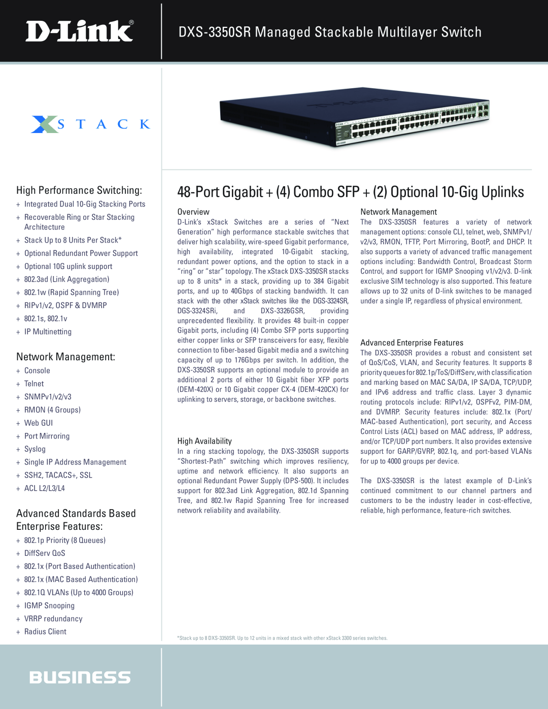 D-Link manual DXS-3350SR Managed Stackable Multilayer Switch, Port Gigabit + 4 Combo SFP + 2 Optional 10-Gig Uplinks 