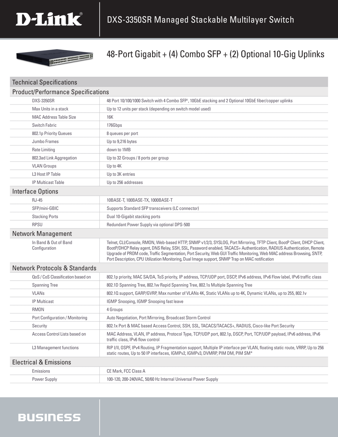 D-Link DXS-3350SR manual Technical Specifications Product/Performance Specifications, Interface Options, Network Management 