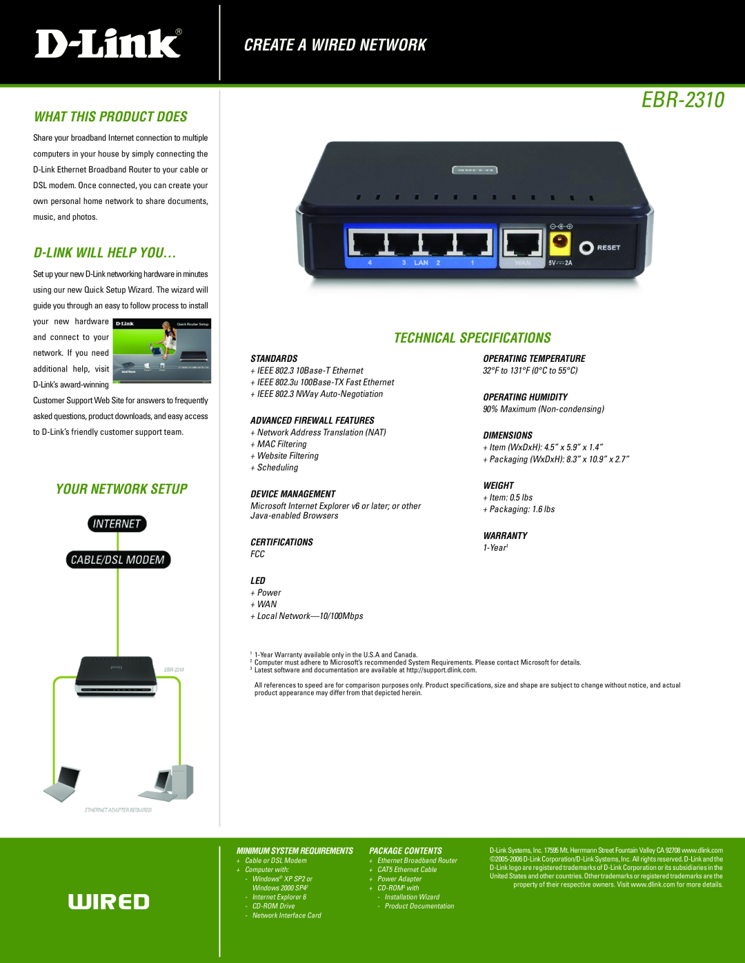 D-Link EBR-2310 manual What This Product Does, D-Link Will Help You…, Technical Specifications, your network setup 