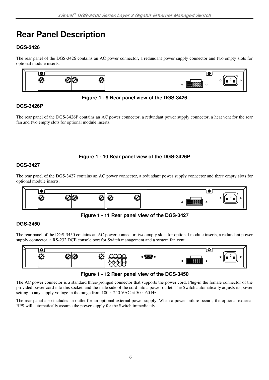 D-Link ethernet managed switch manual Rear Panel Description, Rear panel view of the DGS-3426 DGS-3426P 