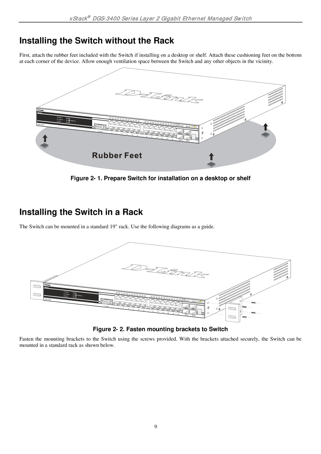 D-Link ethernet managed switch manual Installing the Switch without the Rack, Installing the Switch in a Rack 