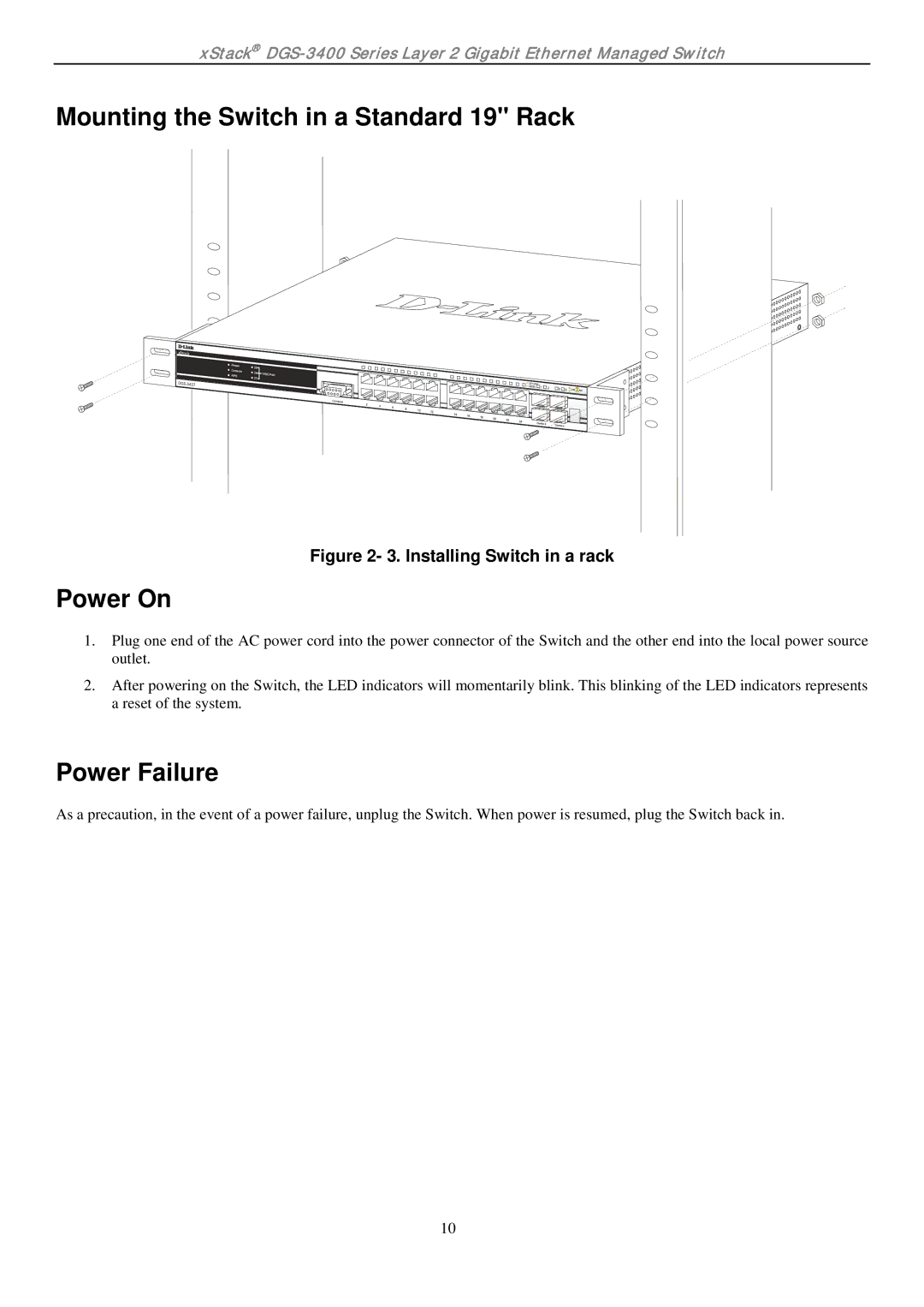 D-Link ethernet managed switch manual Mounting the Switch in a Standard 19 Rack, Power On, Power Failure 