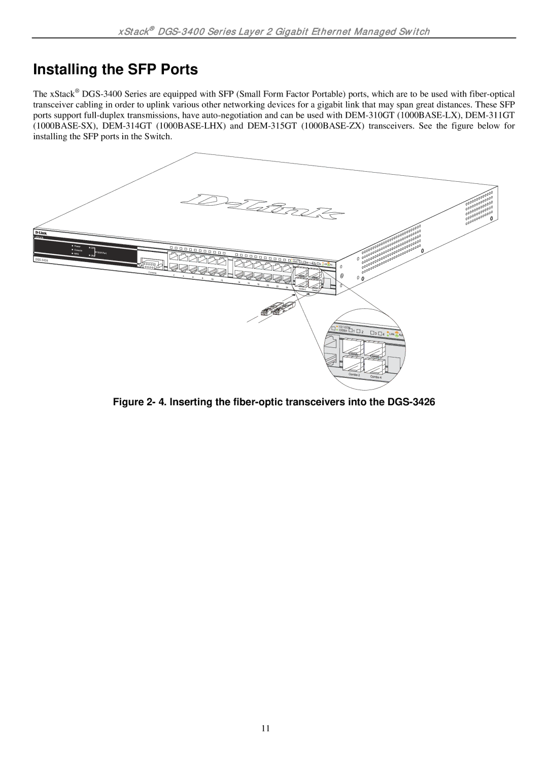 D-Link ethernet managed switch manual Installing the SFP Ports, Inserting the fiber-optic transceivers into the DGS-3426 