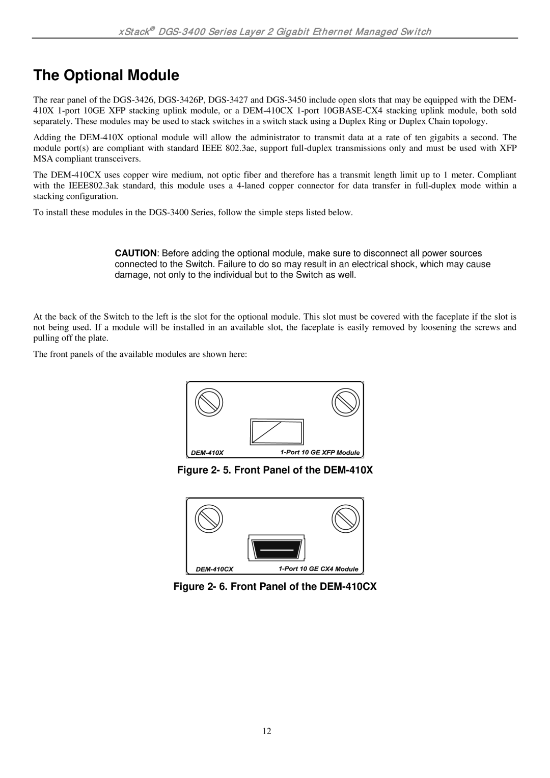 D-Link ethernet managed switch manual Optional Module, Front Panel of the DEM-410X 