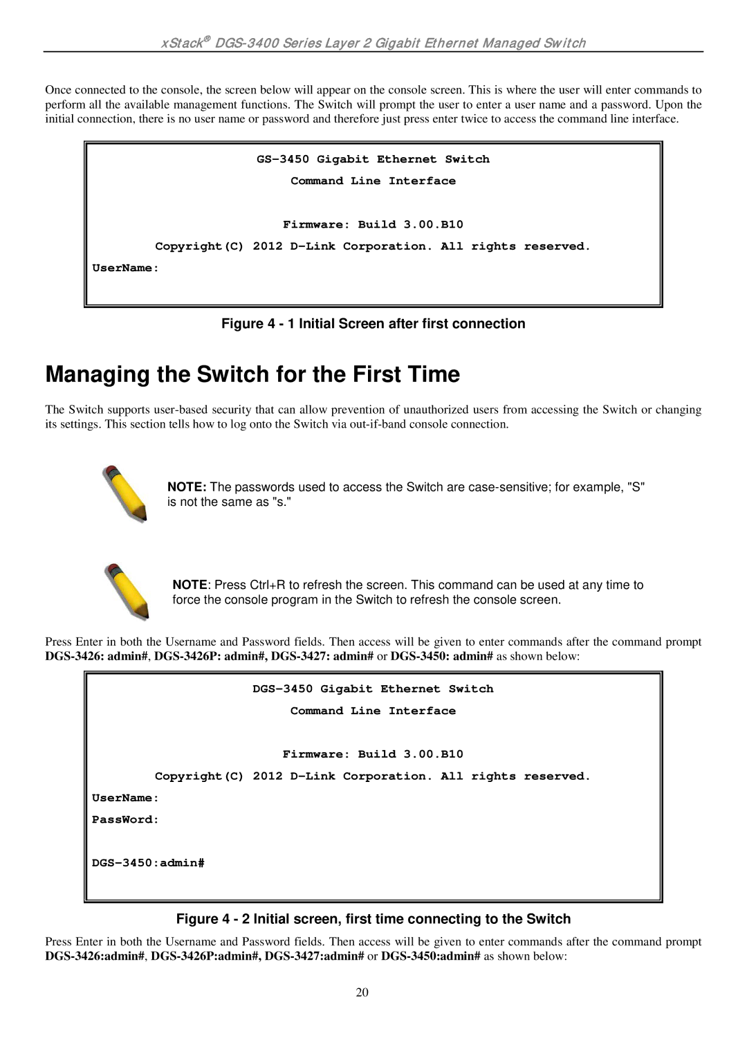 D-Link ethernet managed switch manual Managing the Switch for the First Time, Initial Screen after first connection 