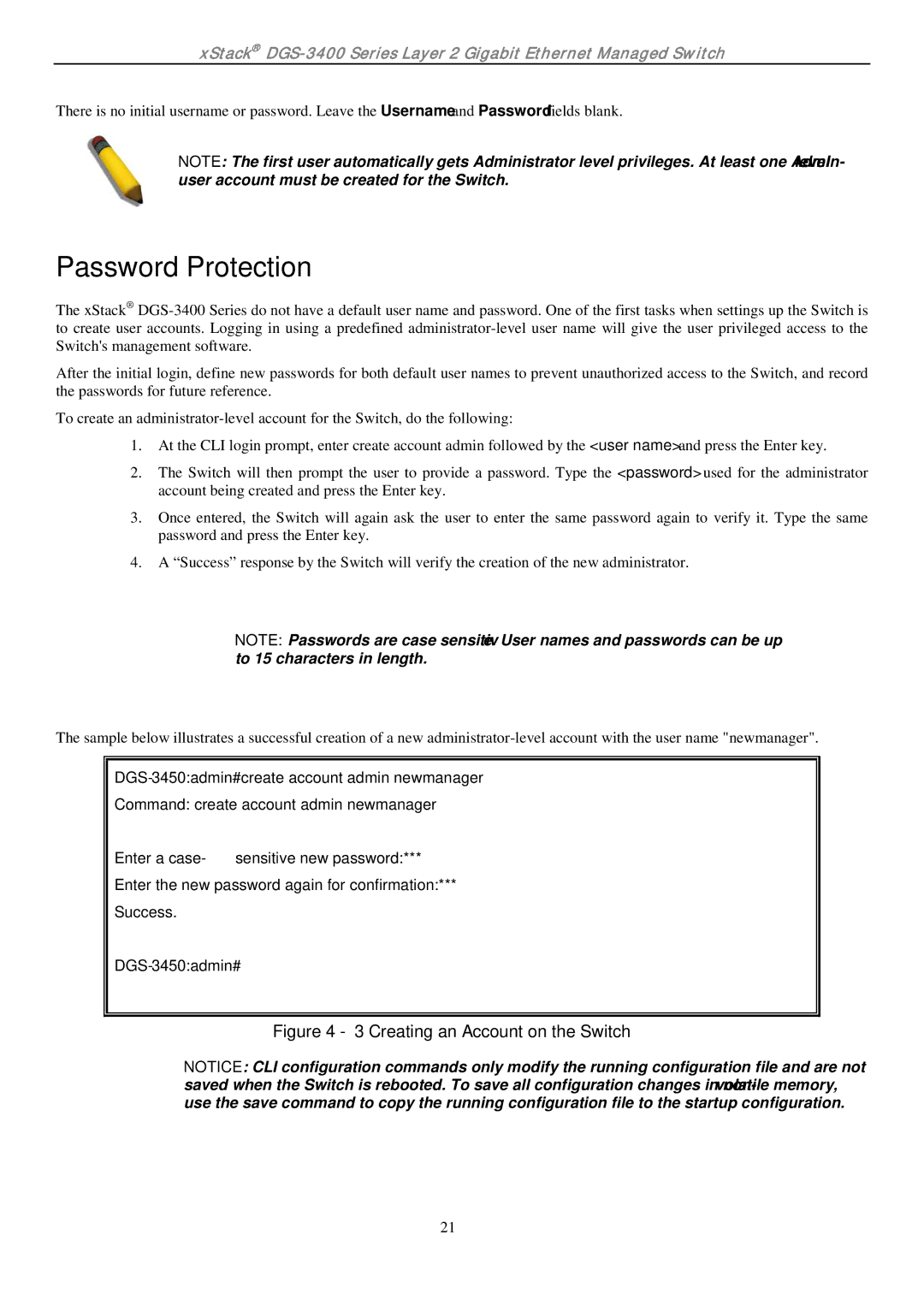 D-Link ethernet managed switch manual Password Protection, Creating an Account on the Switch 