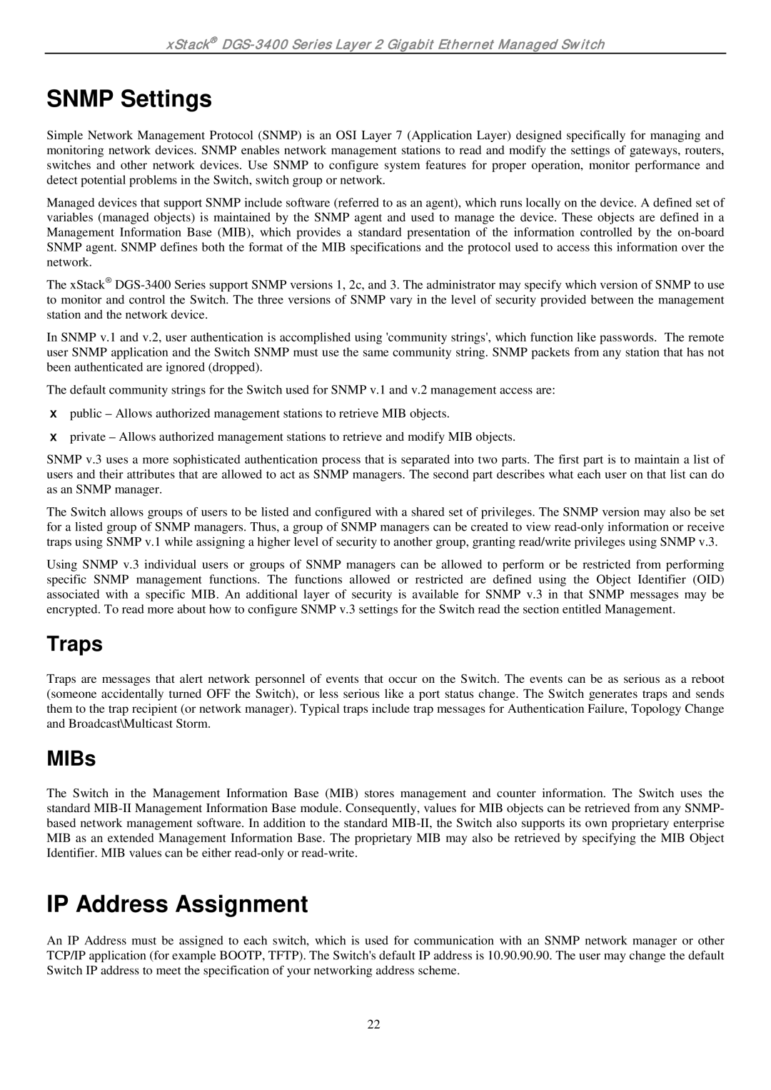 D-Link ethernet managed switch manual Snmp Settings, IP Address Assignment, Traps, MIBs 