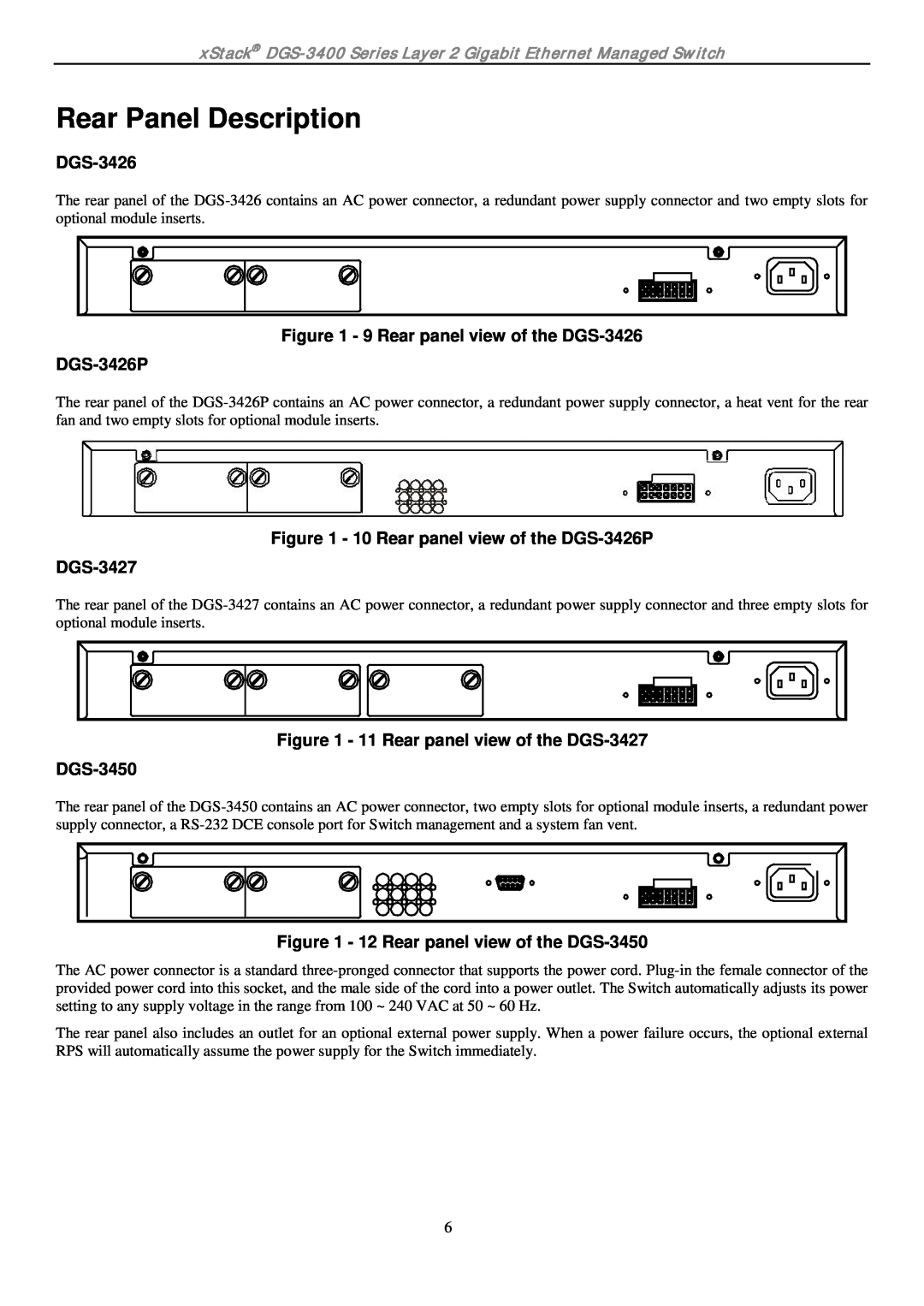 D-Link ethernet managed switch manual Rear Panel Description, 9 Rear panel view of the DGS-3426 DGS-3426P 