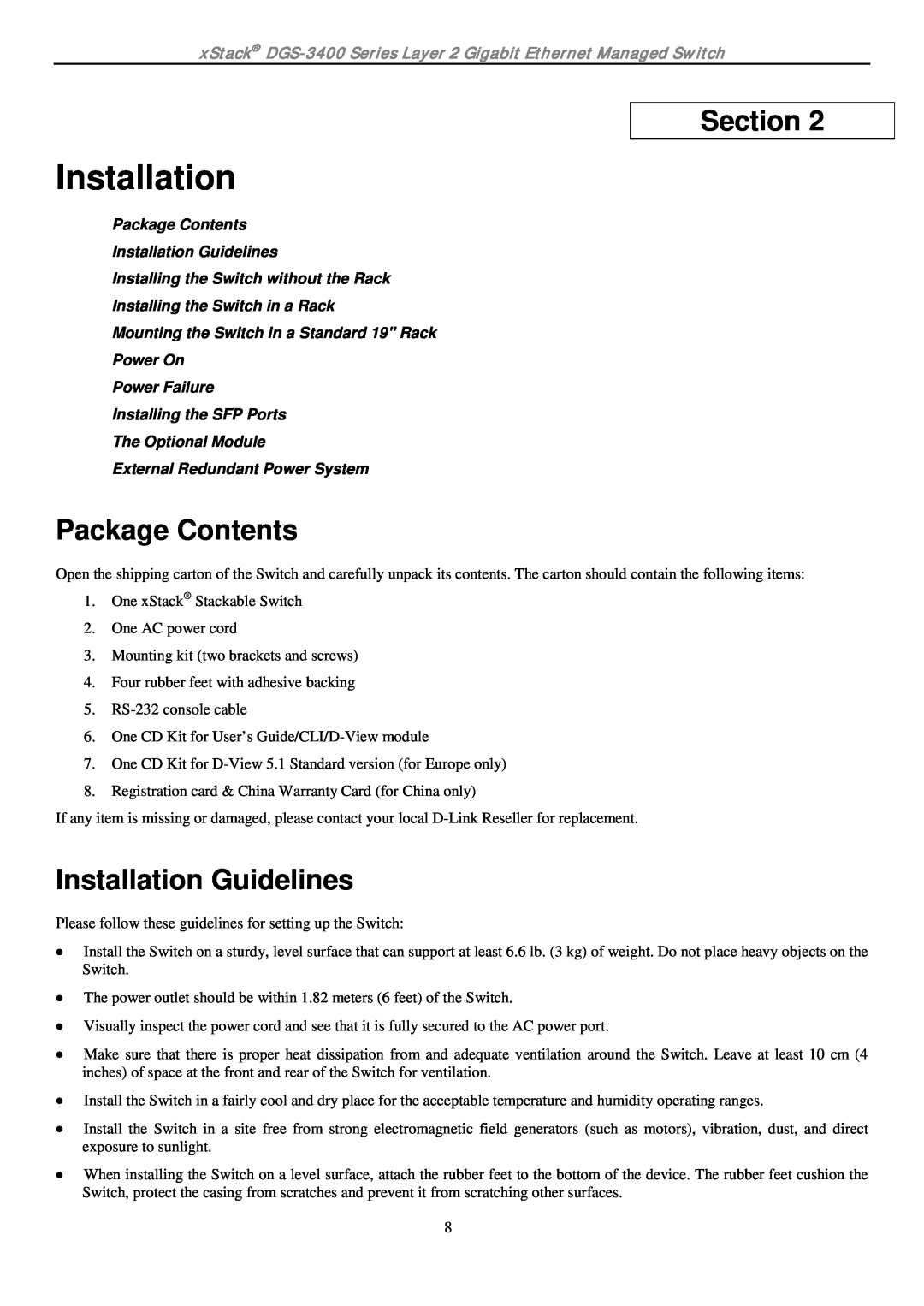 D-Link ethernet managed switch Package Contents, Installation Guidelines, Section, Installing the Switch in a Rack 