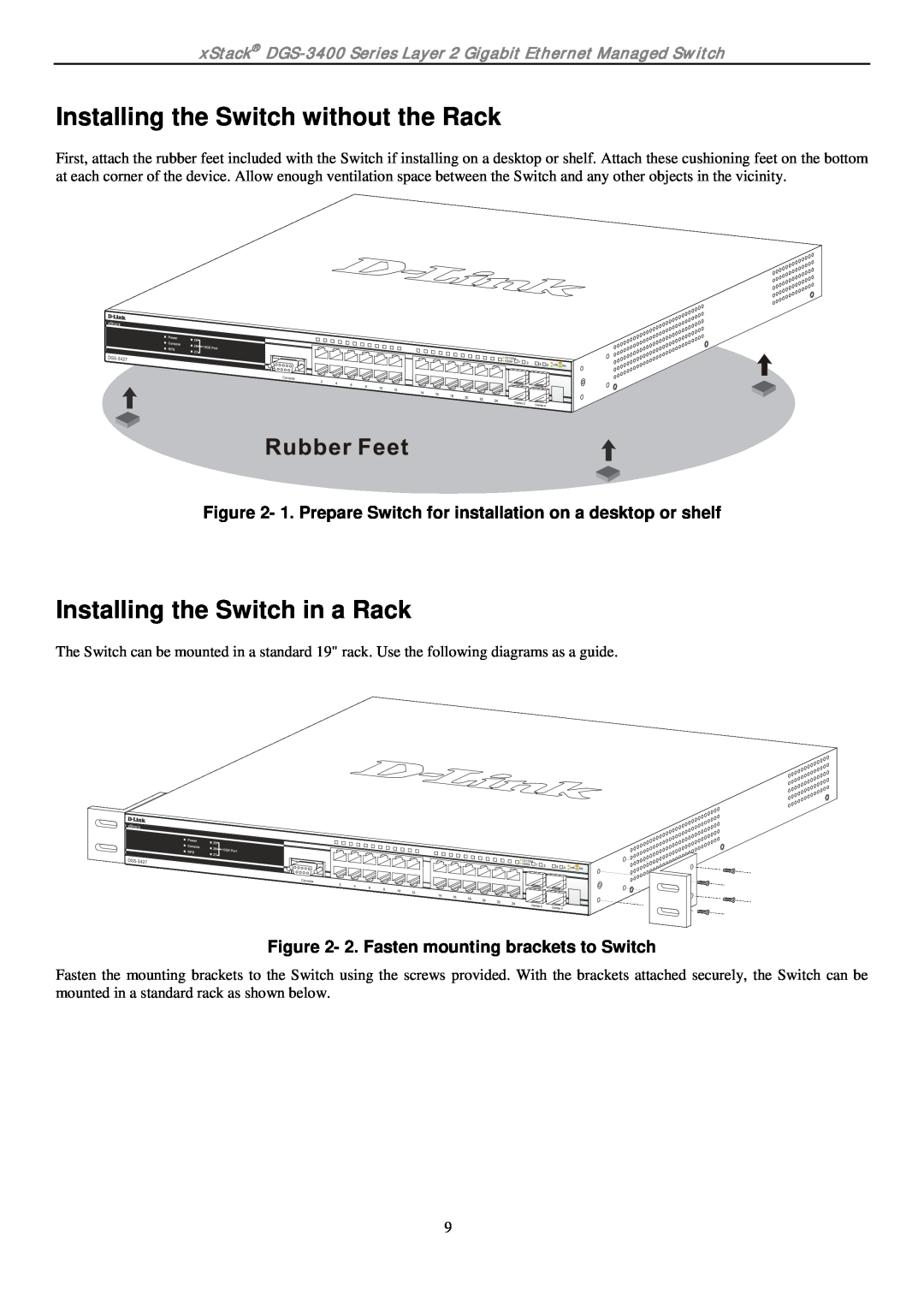 D-Link ethernet managed switch manual Installing the Switch without the Rack, Installing the Switch in a Rack 
