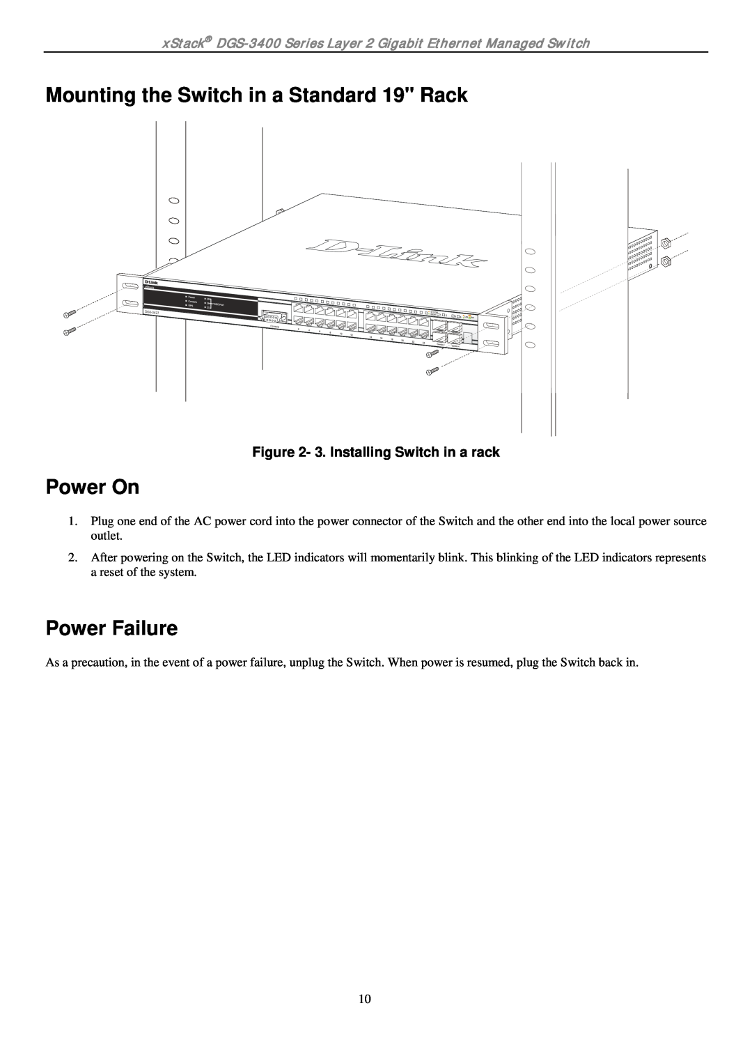 D-Link ethernet managed switch manual Mounting the Switch in a Standard 19 Rack, Power On, Power Failure 