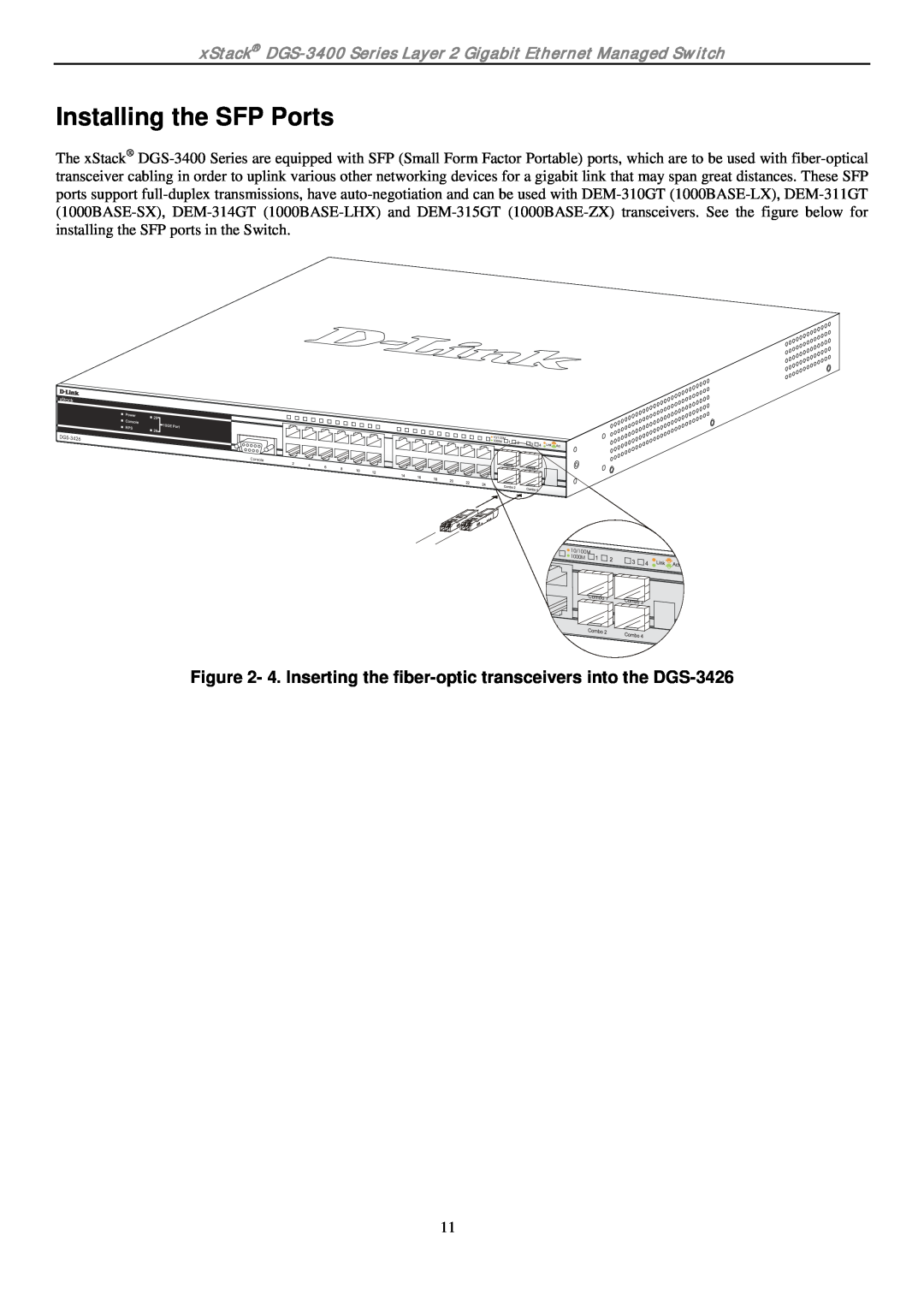 D-Link ethernet managed switch manual Installing the SFP Ports, 4. Inserting the fiber-optic transceivers into the DGS-3426 