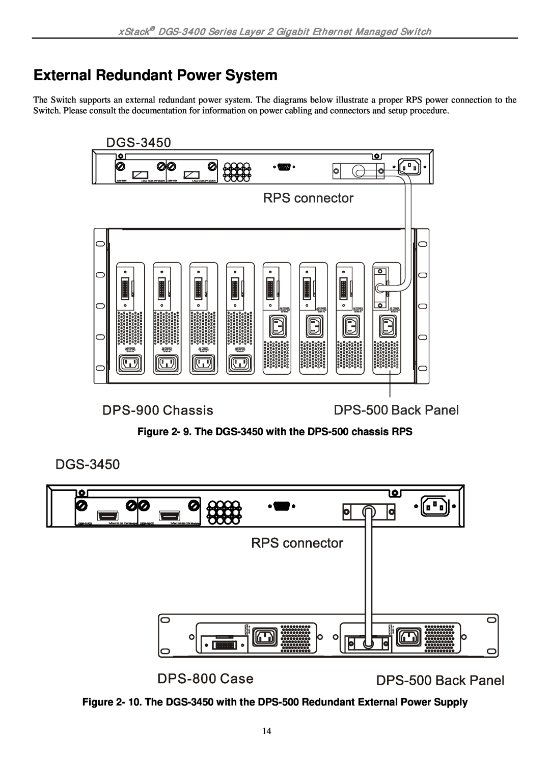 D-Link ethernet managed switch manual External Redundant Power System, 9. The DGS-3450 with the DPS-500 chassis RPS 