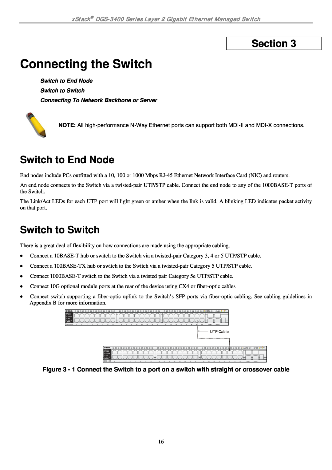 D-Link ethernet managed switch manual Connecting the Switch, Switch to End Node, Switch to Switch, Section 