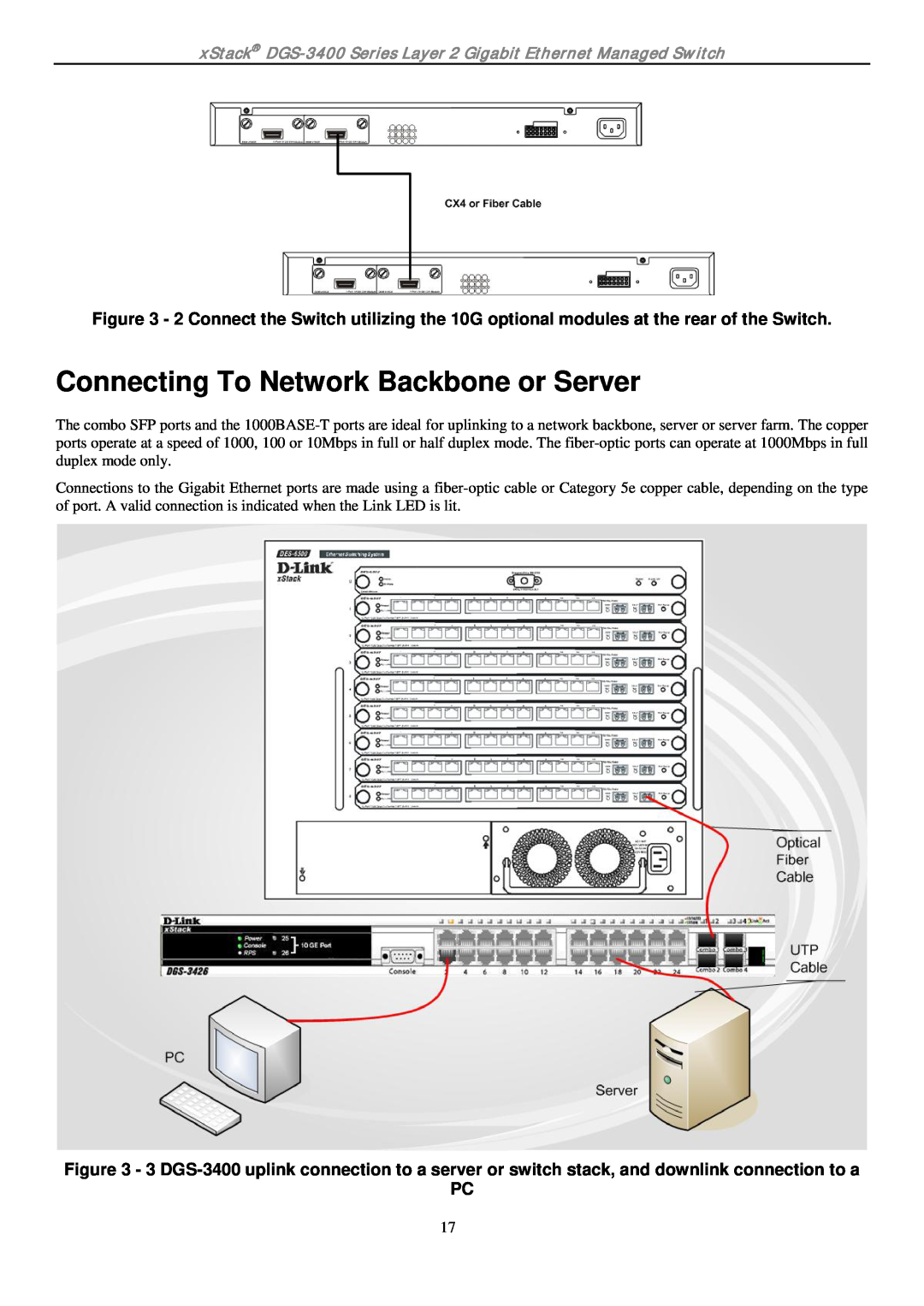 D-Link ethernet managed switch manual Connecting To Network Backbone or Server 