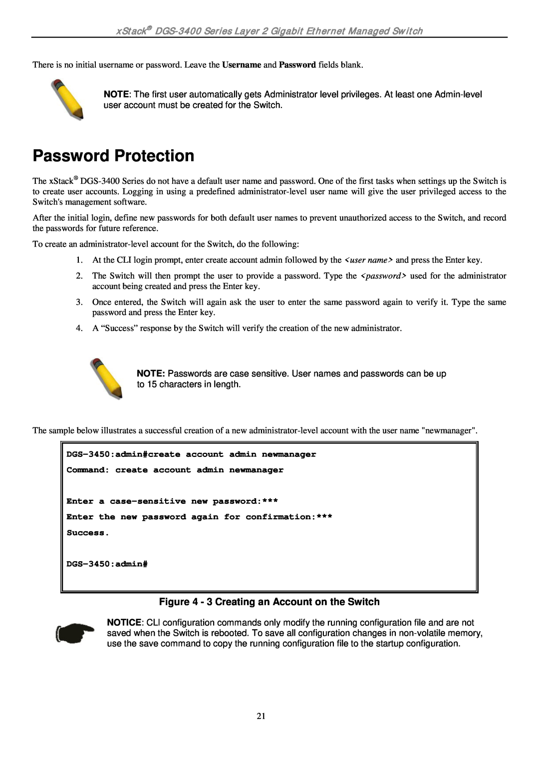 D-Link ethernet managed switch manual Password Protection, 3 Creating an Account on the Switch 