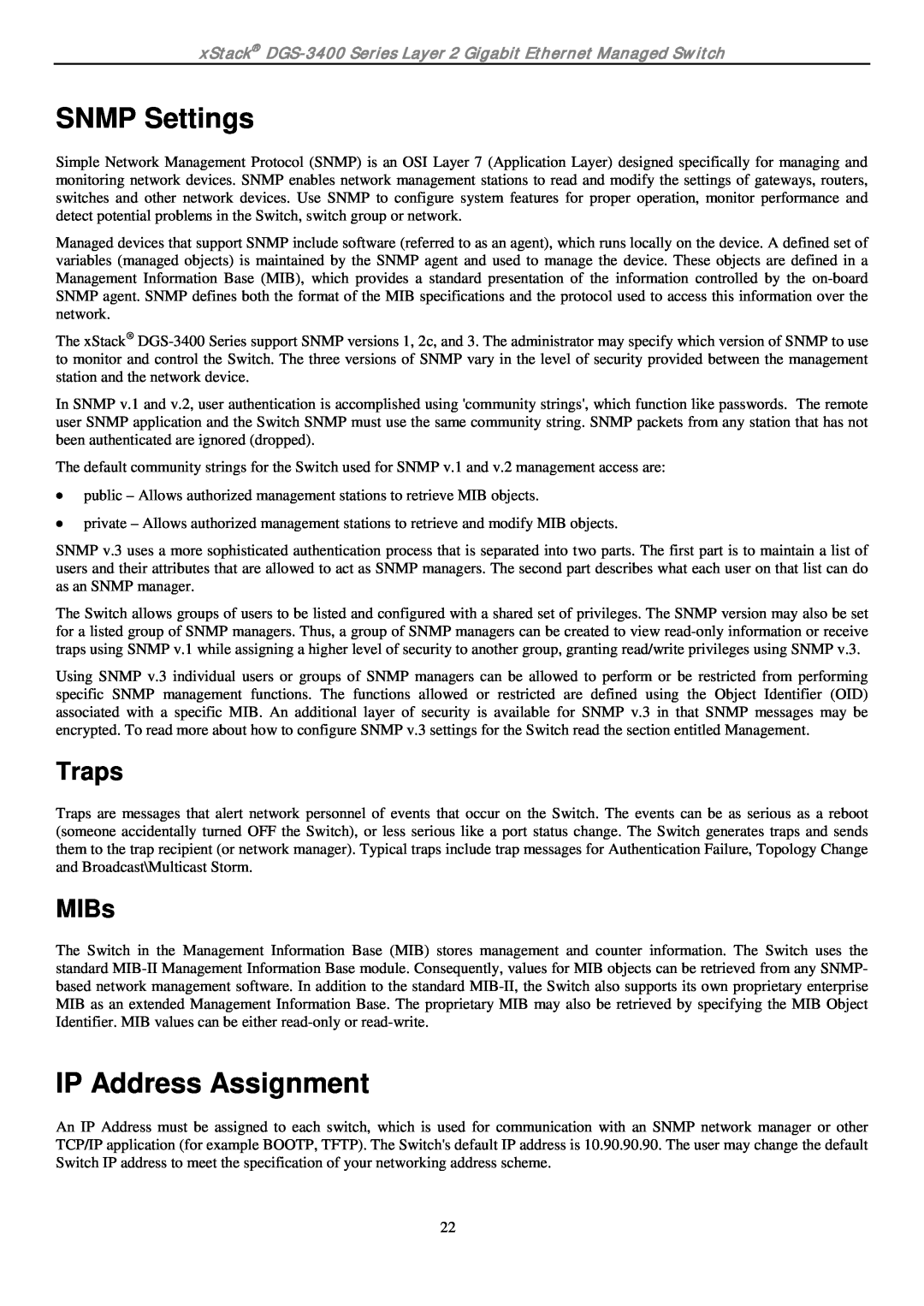 D-Link ethernet managed switch manual SNMP Settings, IP Address Assignment, Traps, MIBs 