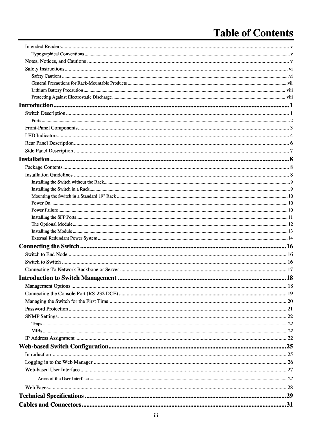 D-Link ethernet managed switch manual Table of Contents, viii, Introduction, Installation, Connecting the Switch 