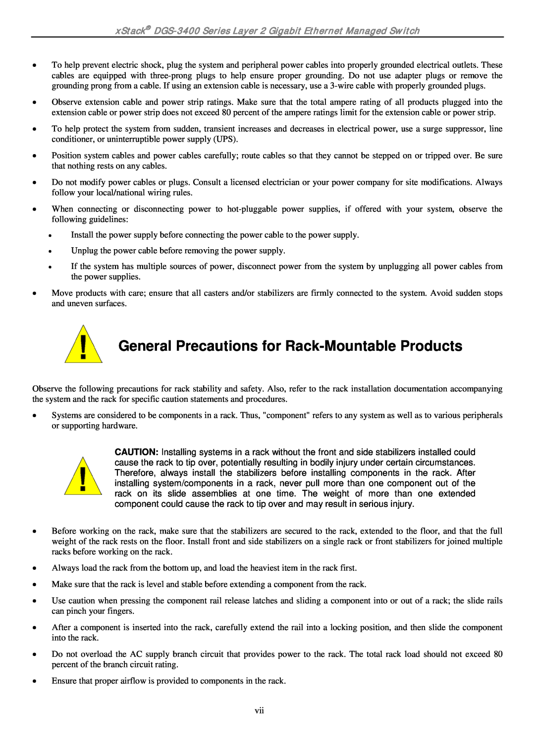 D-Link ethernet managed switch manual General Precautions for Rack-Mountable Products 