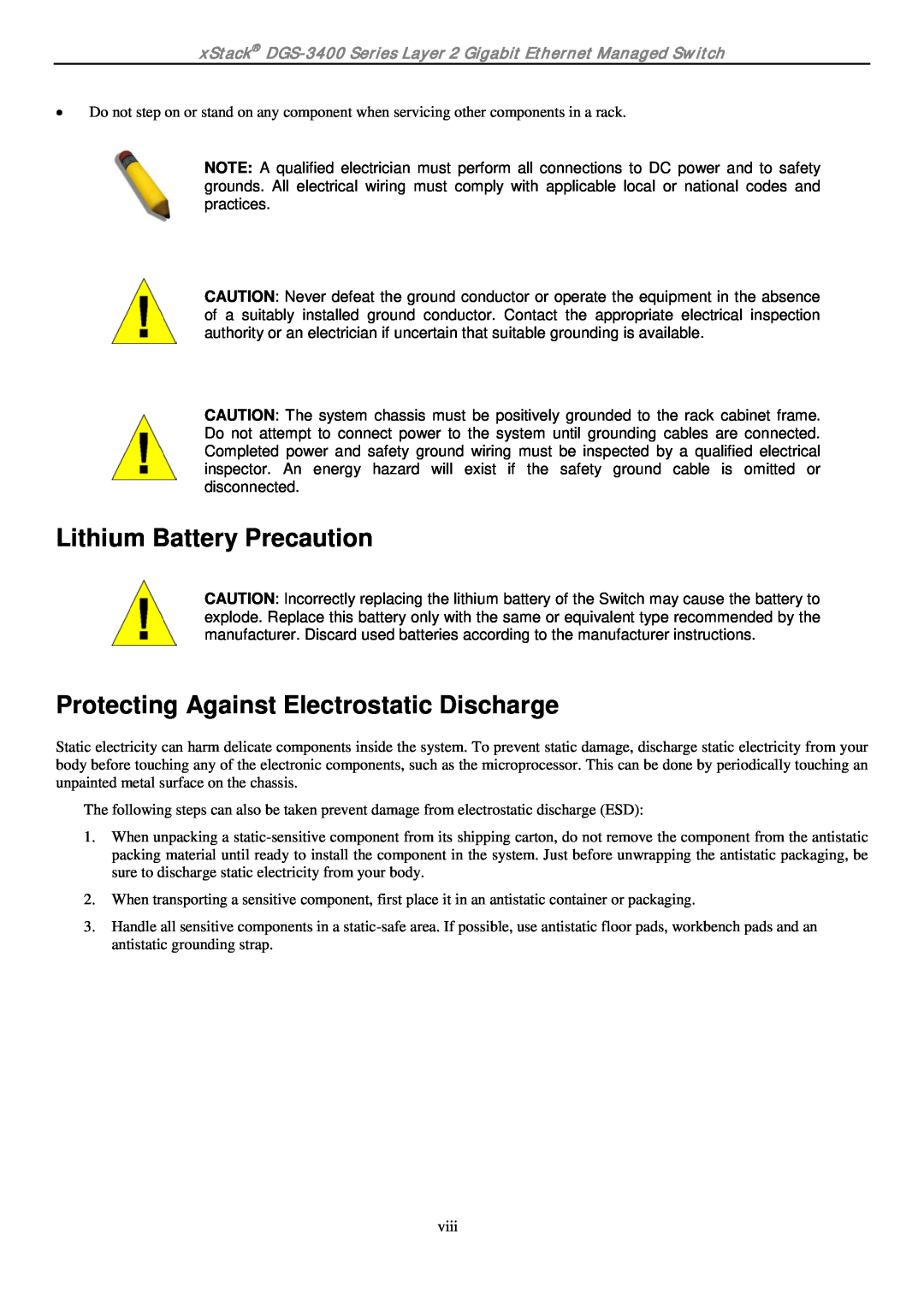 D-Link ethernet managed switch manual Lithium Battery Precaution, Protecting Against Electrostatic Discharge 