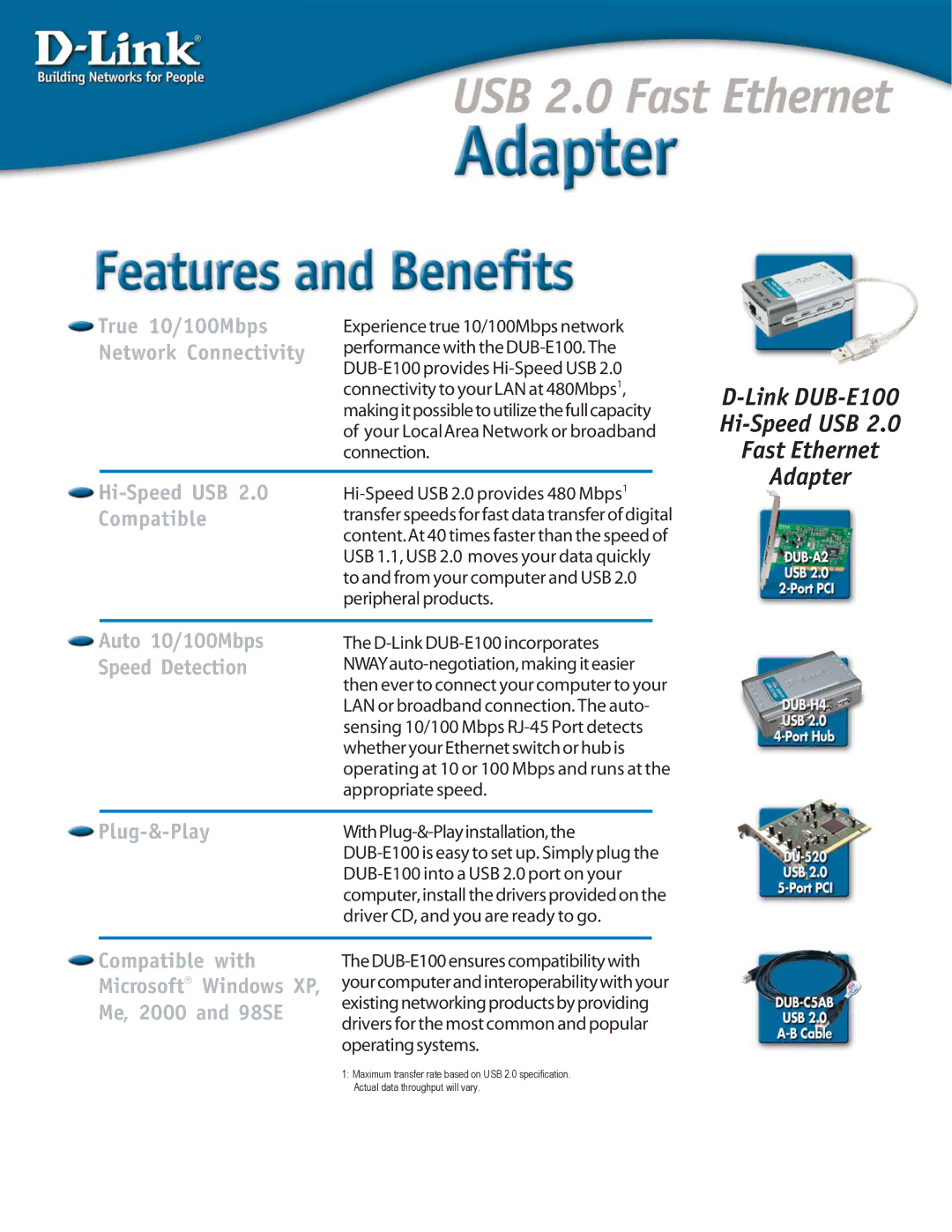 D-Link EUB-E100 manual Link DUB-E100 Hi-Speed USB Fast Ethernet Adapter, Hi-Speed USB 2.0 Compatible, Plug-&-Play 