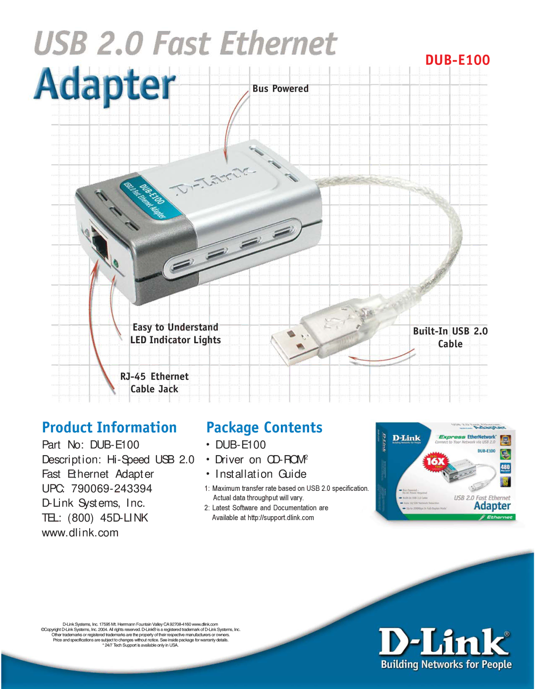 D-Link EUB-E100 manual Product Information, Package Contents 