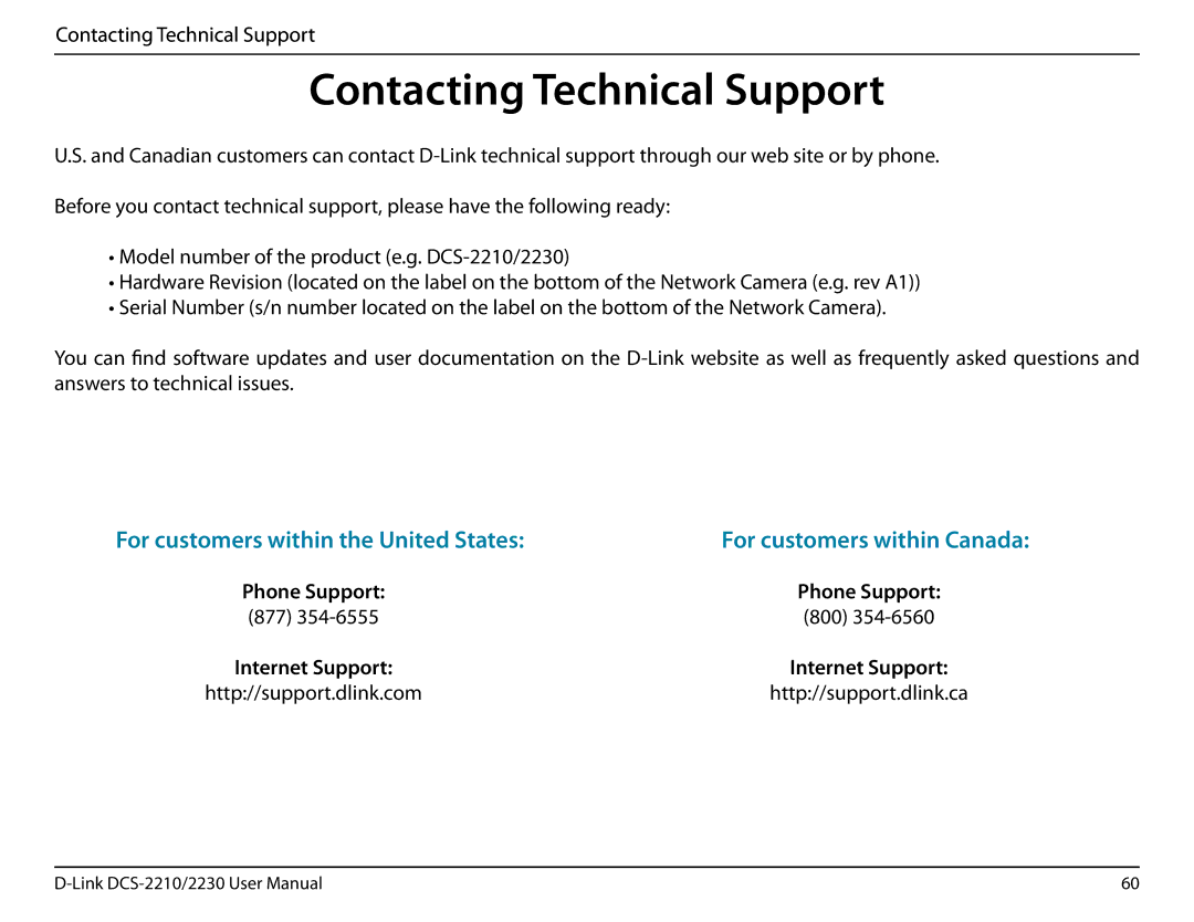 D-Link full hd poe wireless n cube network camera Contacting Technical Support, For customers within the United States 