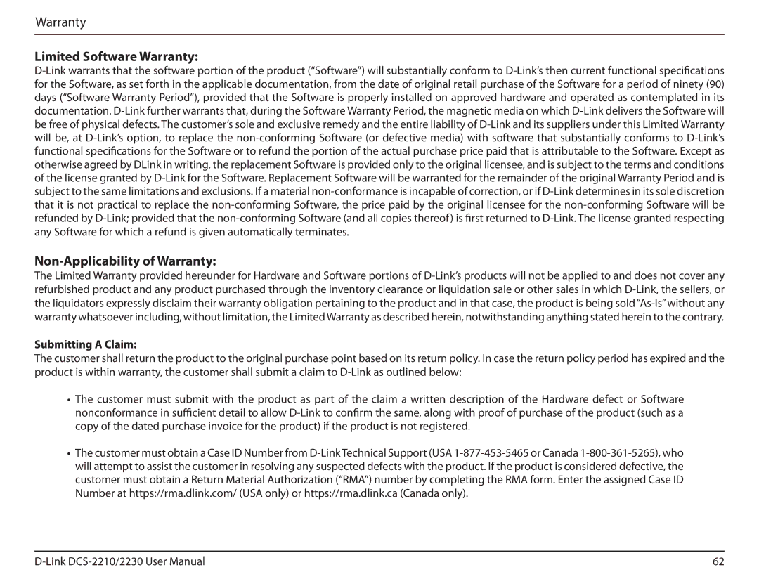 D-Link full hd poe wireless n cube network camera manual Limited Software Warranty, Submitting a Claim 
