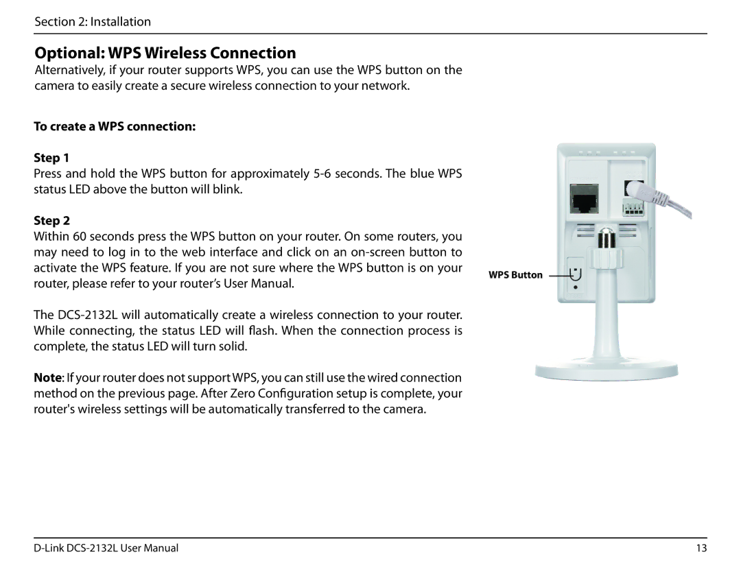 D-Link hd wireless n cube network camera user manual Optional WPS Wireless Connection, To create a WPS connection Step 