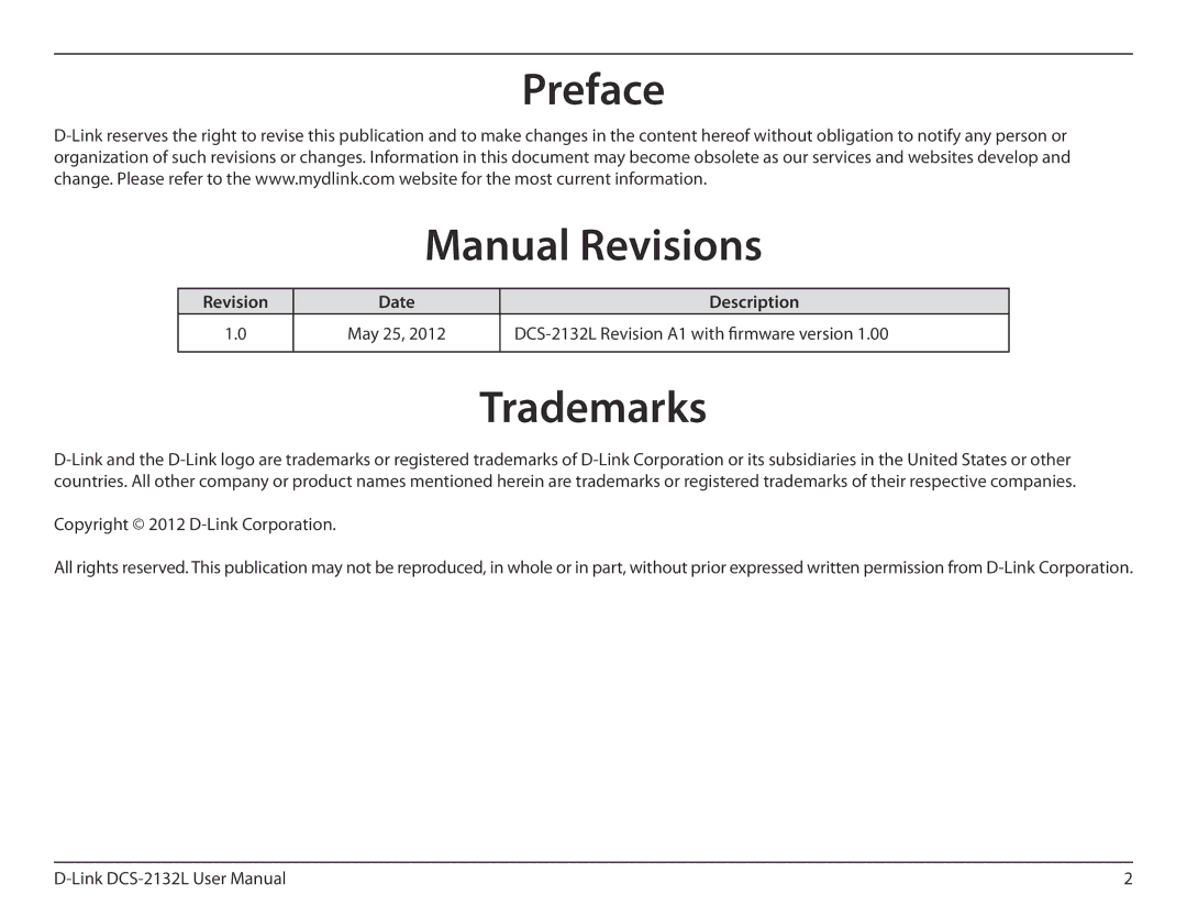 D-Link hd wireless n cube network camera user manual Preface Manual Revisions, Trademarks, Revision Date Description 