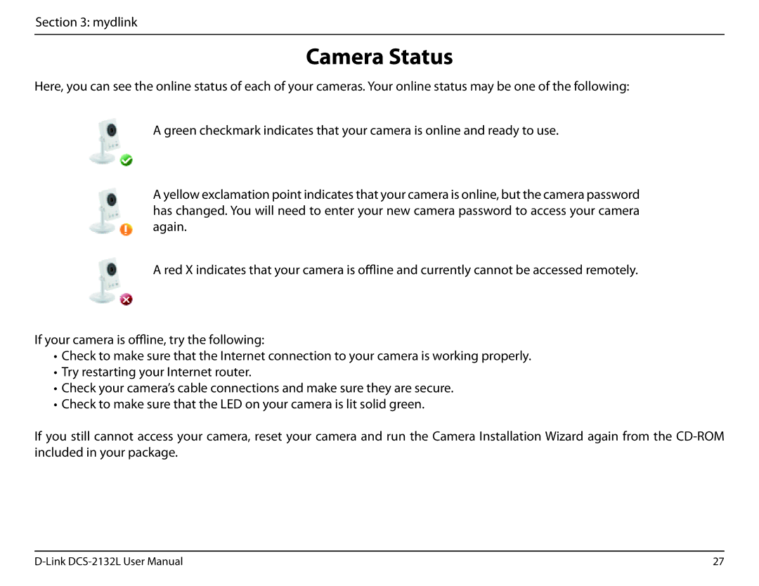 D-Link hd wireless n cube network camera user manual Camera Status 